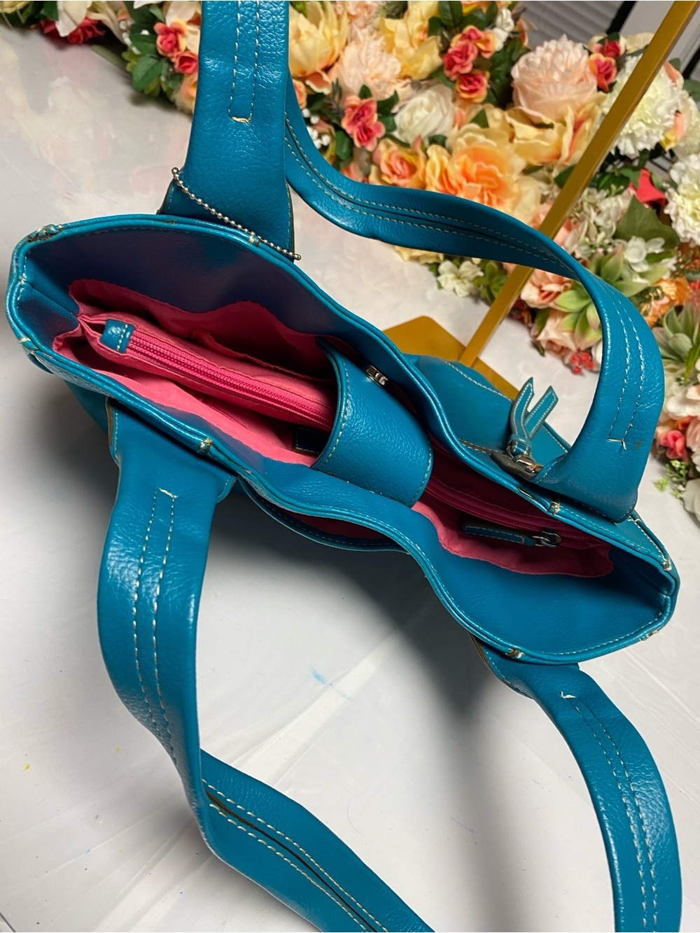 St. John’s Bay Genuine Leather Studded Shoulder Tote Turquoise, Pink Lined Bag - Picture 13 of 16
